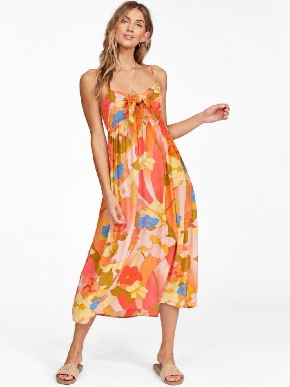 Billabong Orange Multi Floral Tie-Front Dress M